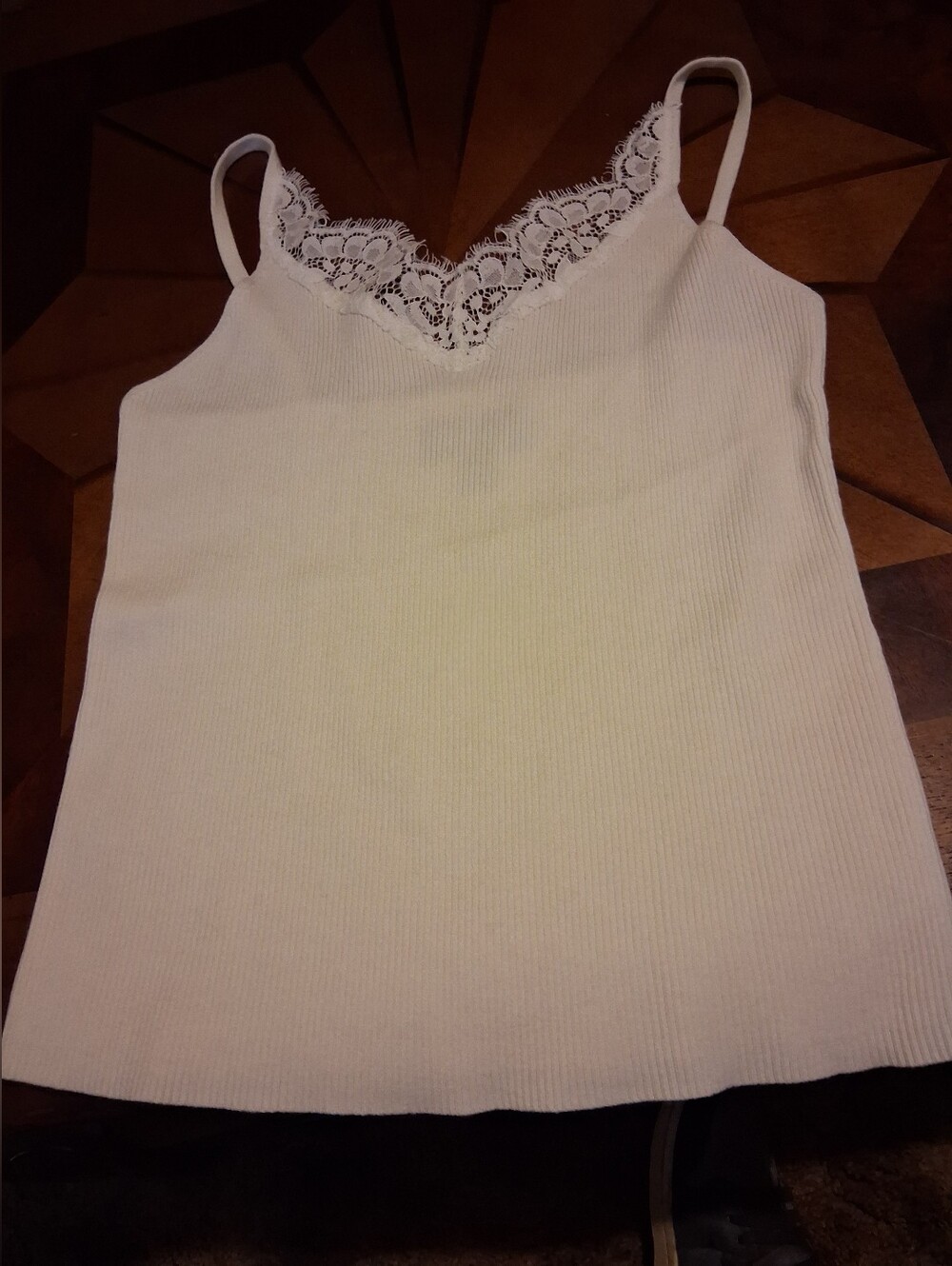 Lace Trim Ribbed Camisole Tank Top - Cream